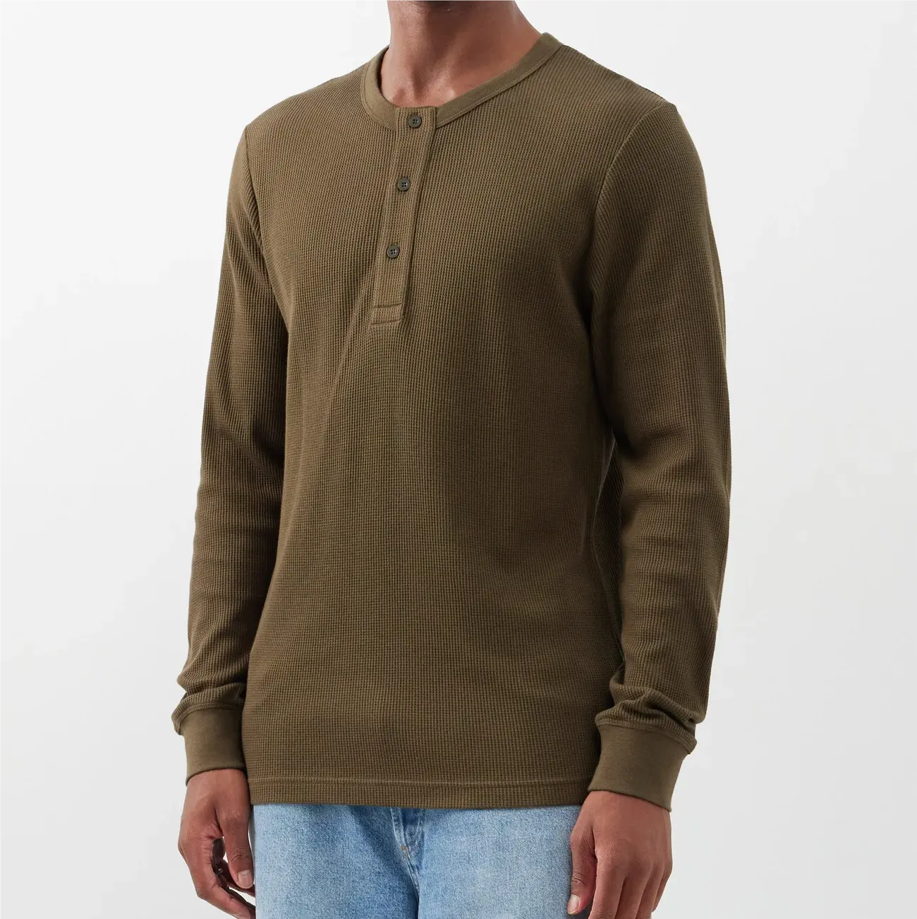 Loose fit cotton waffle knit men's long sleeve shirt